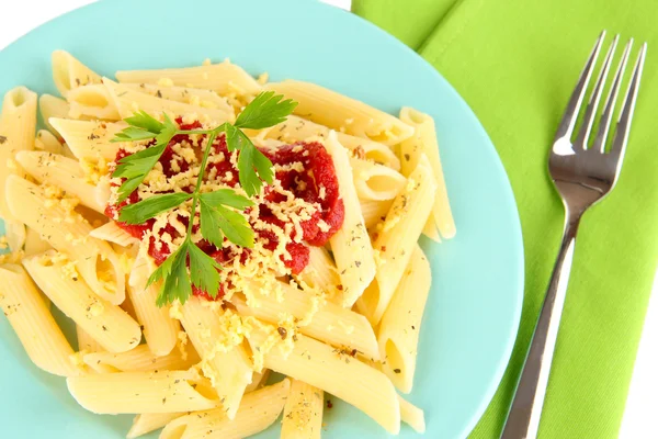 Domates soslu makarna yemek rigatoni yakın çekim — Stok fotoğraf