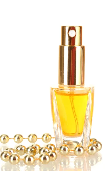 Women's perfume in beautiful bottle and beads, isolated on white — Stock Photo, Image