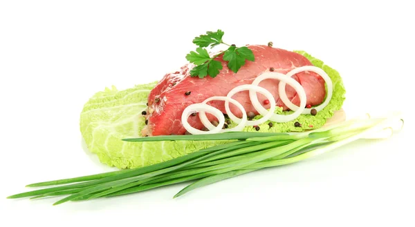 Raw beef meat marinated with herbs and spices isolated on white — Stock Photo, Image