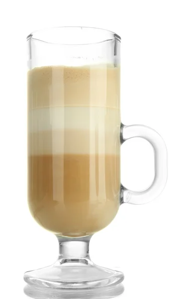Café con leche fragante en taza de vidrio aislado en blanco —  Fotos de Stock
