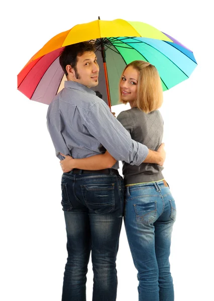 Liebendes Paar mit Regenschirm isoliert auf weißem Grund — Stockfoto
