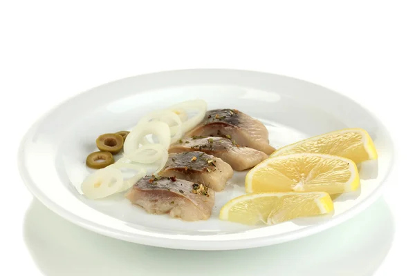 Dish of herring and lemon on plate isolated on white — Stock Photo, Image