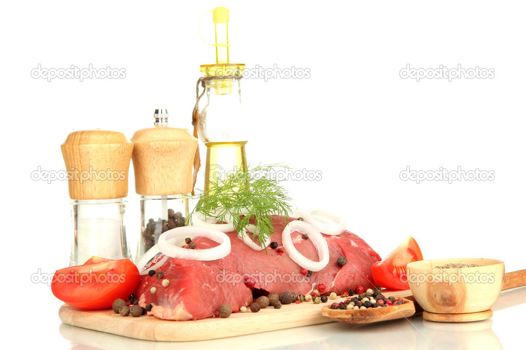 Raw beef meat marinated with herbs, spices and cooking oil isolated on white