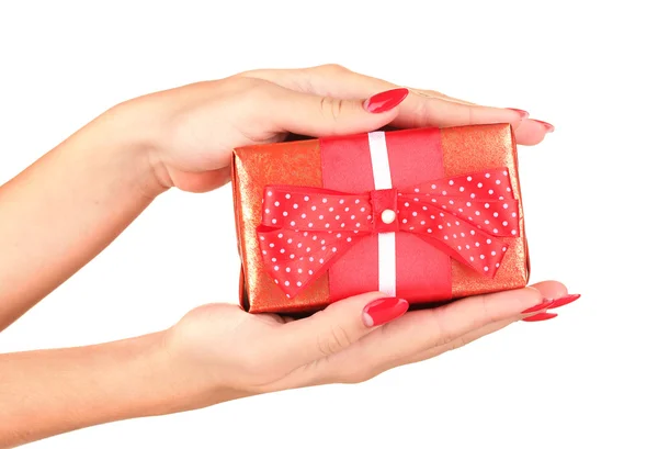 Woman holds box with gift on white background close-up — Stock Photo, Image