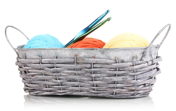 Bright threads for knitting in basket isolated on white — Stock Photo, Image