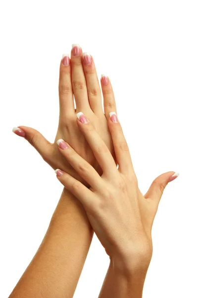 Όμορφη γυναίκα χέρια με γαλλικό μανικιούρ, απομονωμένα σε λευκό — Φωτογραφία Αρχείου