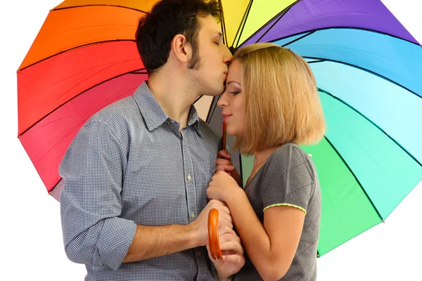 Casal amoroso com guarda-chuva isolado no branco — Fotografia de Stock