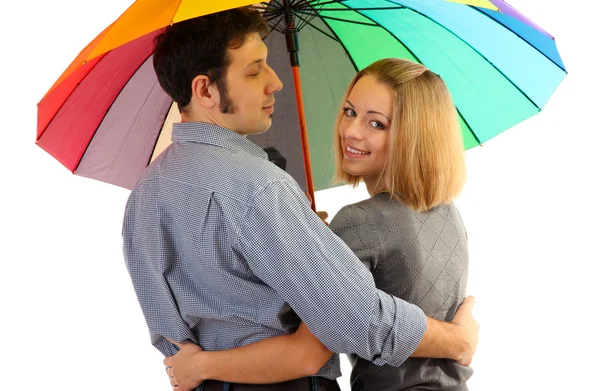 Loving couple with umbrella isolated on white — Stock Photo, Image