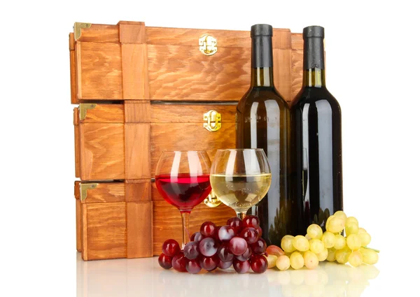 Wooden cases with wine bottles isolated on white — Stock Photo, Image