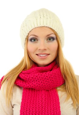 genç güzel kadın üzerinde beyaz izole kış giyim