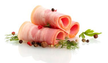 Baharatlar, üzerinde beyaz izole ile lezzetli domuz pastırması