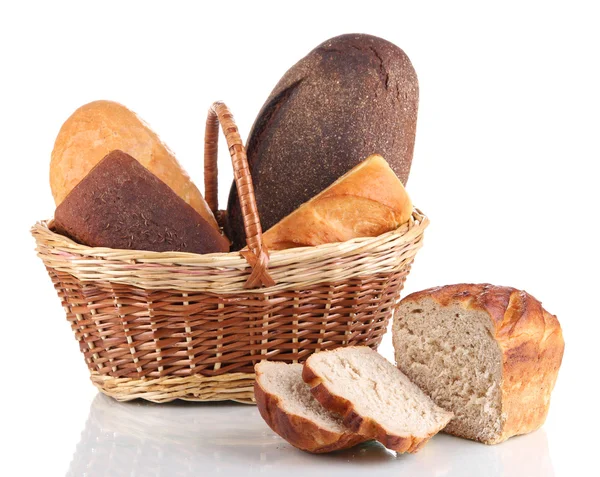 Fresh bread in basket isolated on white — Stock Photo, Image