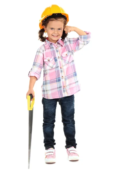 Menina bonita no capacete com serra isolada no branco — Fotografia de Stock