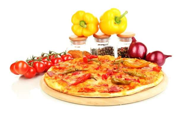 Tasty pepperoni pizza with vegetables on wooden board isolated on white Stock Photo