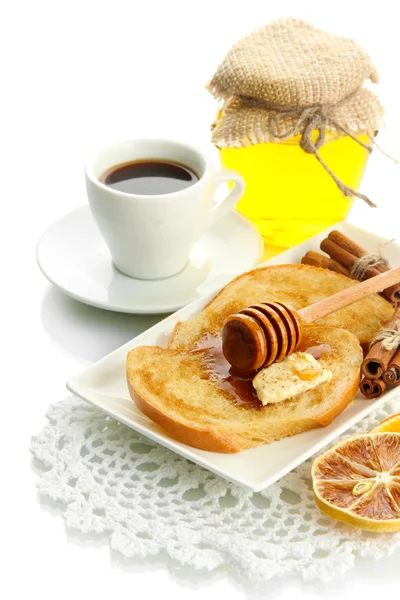 White bread toast with honey and cup of coffee, isolated on white — Stock Photo, Image