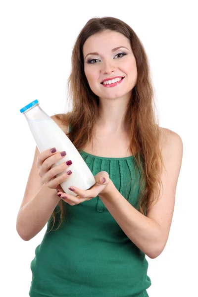 Mooie vrouw met melk geïsoleerd op wit — Stockfoto