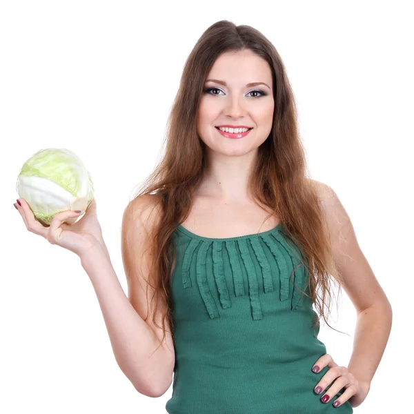 Güzel bir kadın üzerinde beyaz izole lahana ile — Stok fotoğraf