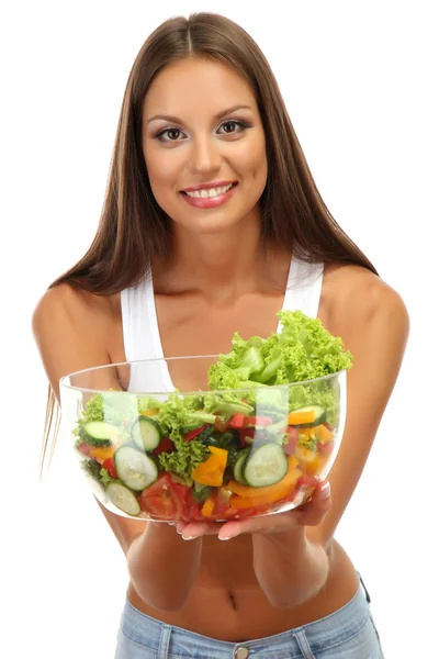 Beautiful young woman with salad, isolated on white — Stock Photo, Image