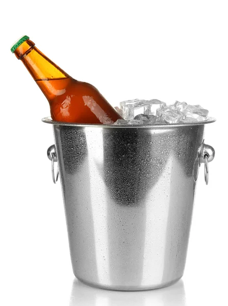 Beer bottle in ice bucket isolated on white — Stock Photo, Image