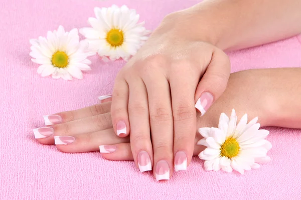 Mãos de mulher com manicure francês e flores em toalha rosa — Fotografia de Stock