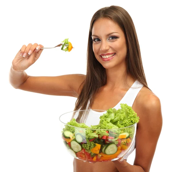 Beautiful young woman with salad, isolated on white Royalty Free Stock Images