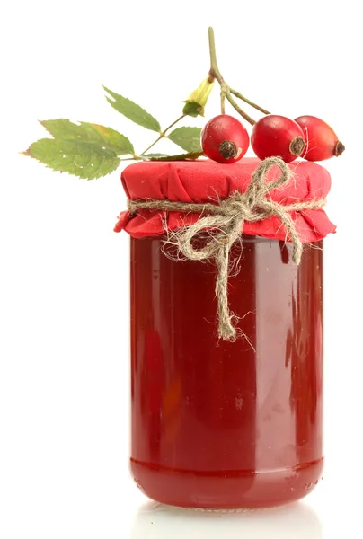 Jar with hip roses jam and ripe berries, isolated on white — Stock Photo, Image