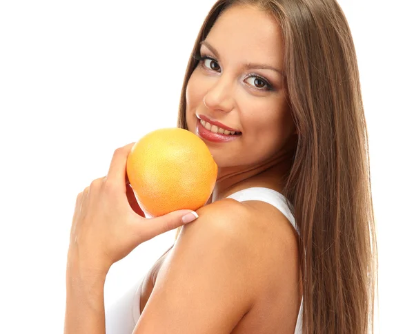 Όμορφη νεαρή γυναίκα με το πορτοκαλί, που απομονώνονται σε λευκό — Φωτογραφία Αρχείου