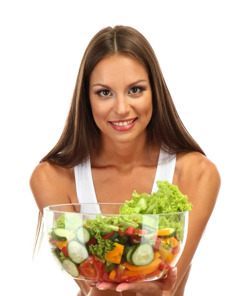 Beautiful young woman with salad, isolated on white — Stock Photo, Image