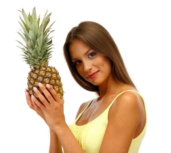 Красивая молодая женщина с ананасом, изолированная на белом — стоковое фото