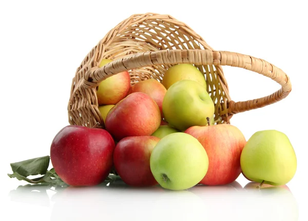 Sappige appels met groene bladeren in mand, geïsoleerd op wit — Stockfoto