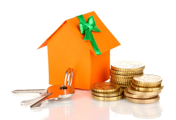 Small house with money and key isolated on white — Stock Photo, Image