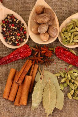 Küçük Hindistan cevizi ve diğer baharatlar çul zemin üzerine