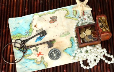 map of treasures on dark wooden background clipart