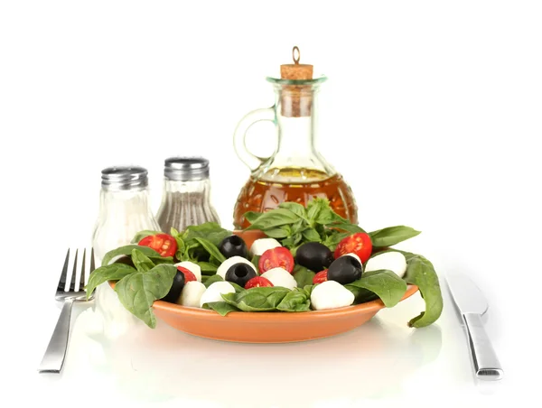 Queso mozzarella con verduras en el plato con tenedor y cuchillo aislado sobre blanco — Foto de Stock