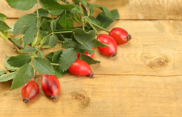 Rijp hip rozen op tak met bladeren, op houten achtergrond — Stockfoto