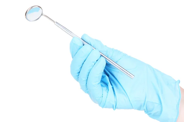 Hand in blue glove holding dental mirror isolated on white — Stock Photo, Image