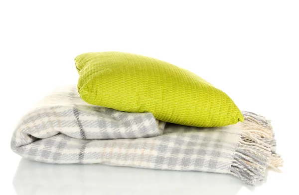 Plaid e cuscino a quadretti di lana, isolati su bianco — Foto Stock