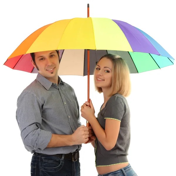 Loving couple with umbrella isolated on white — Stock Photo, Image