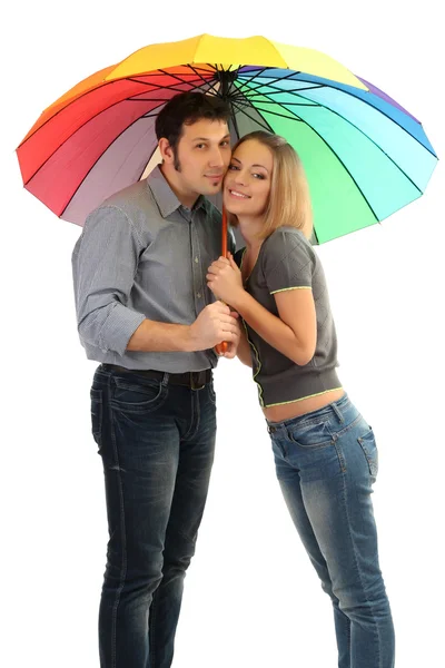 Loving couple with umbrella isolated on white — Stock Photo, Image