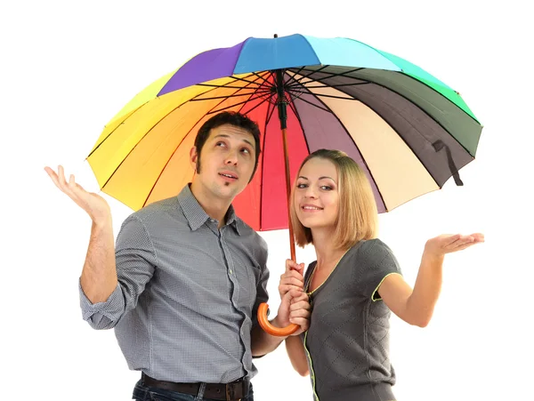 Casal amoroso com guarda-chuva isolado no branco — Fotografia de Stock