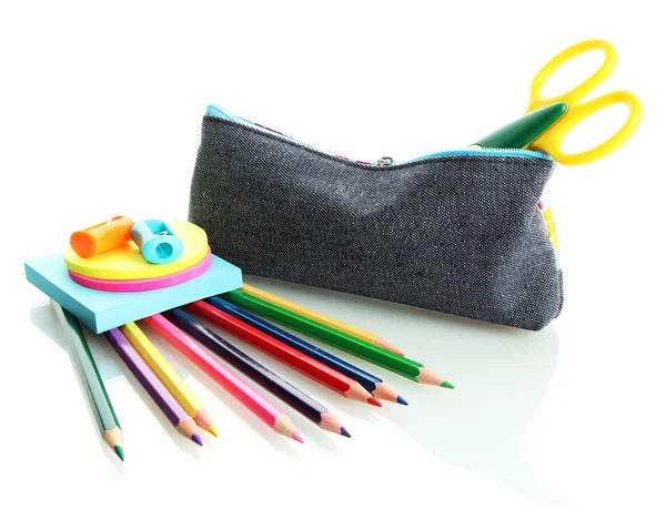 Pencil box with school equipment isolated on white — Stock Photo, Image