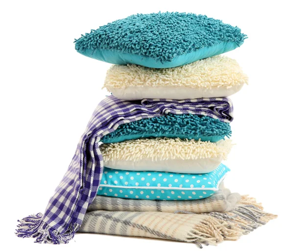 Hill colorful pillows and plaids isolated on white — Stock Photo, Image