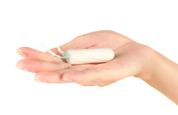 Woman's hand holding a clean cotton tampon on white background close-up — Stock Photo, Image