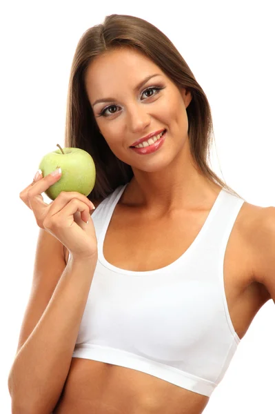 Mooie jonge vrouw met groene apple, geïsoleerd op wit — Stockfoto