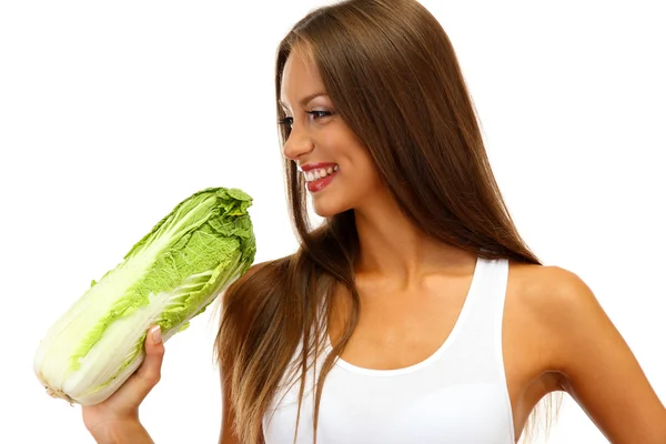 Beautiful young woman with cabbage, isolated on white — Stock Photo, Image