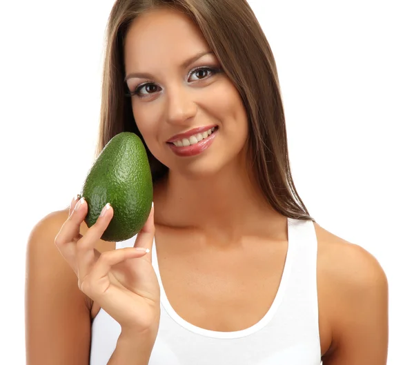 Bella giovane donna con avocado, isolata su bianco — Foto Stock