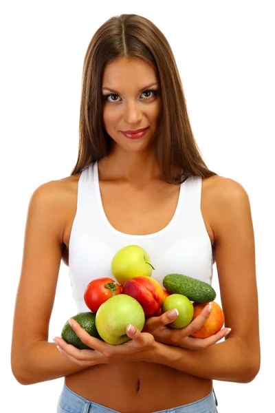 Hermosa joven con frutas y verduras, aislada en blanco — Foto de Stock