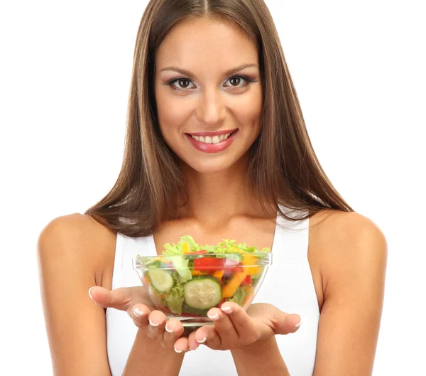 Beautiful young woman with salad, isolated on white — Stock Photo, Image