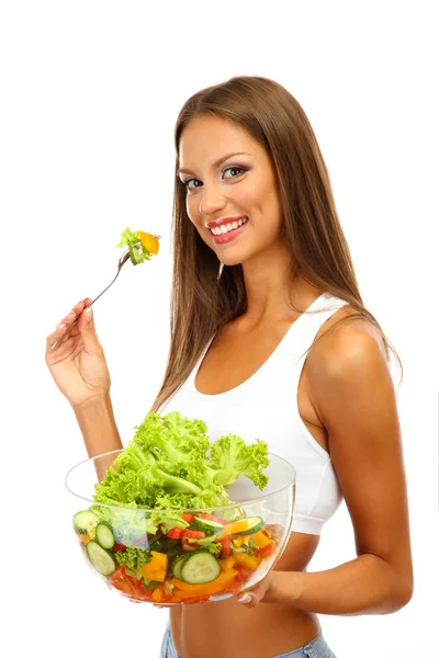 Bela jovem com salada, isolada em branco — Fotografia de Stock