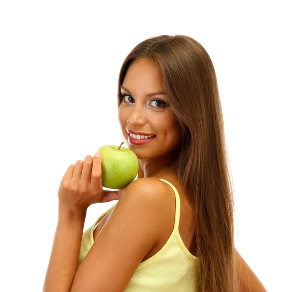 Bella giovane donna con mela verde, isolata su bianco — Foto Stock